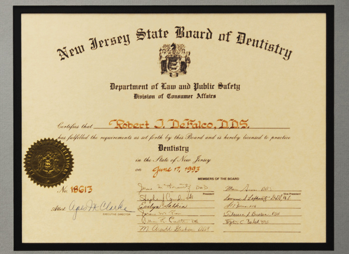 New Jersey State Board of Dentistry certificate
