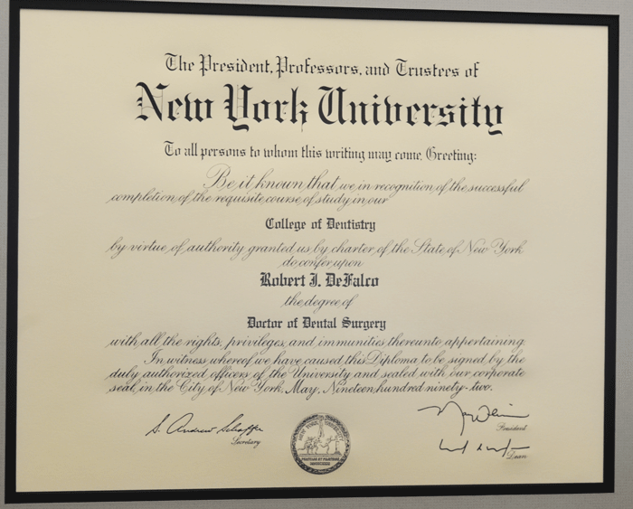 NYU College of Dentistry certificate